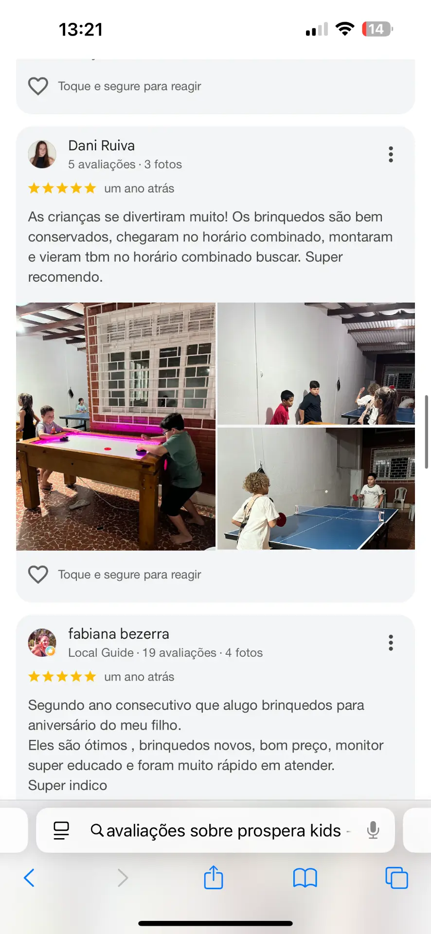 Avaliações reais de clientes da Próspera Kids sobre diversão, pontualidade e atendimento