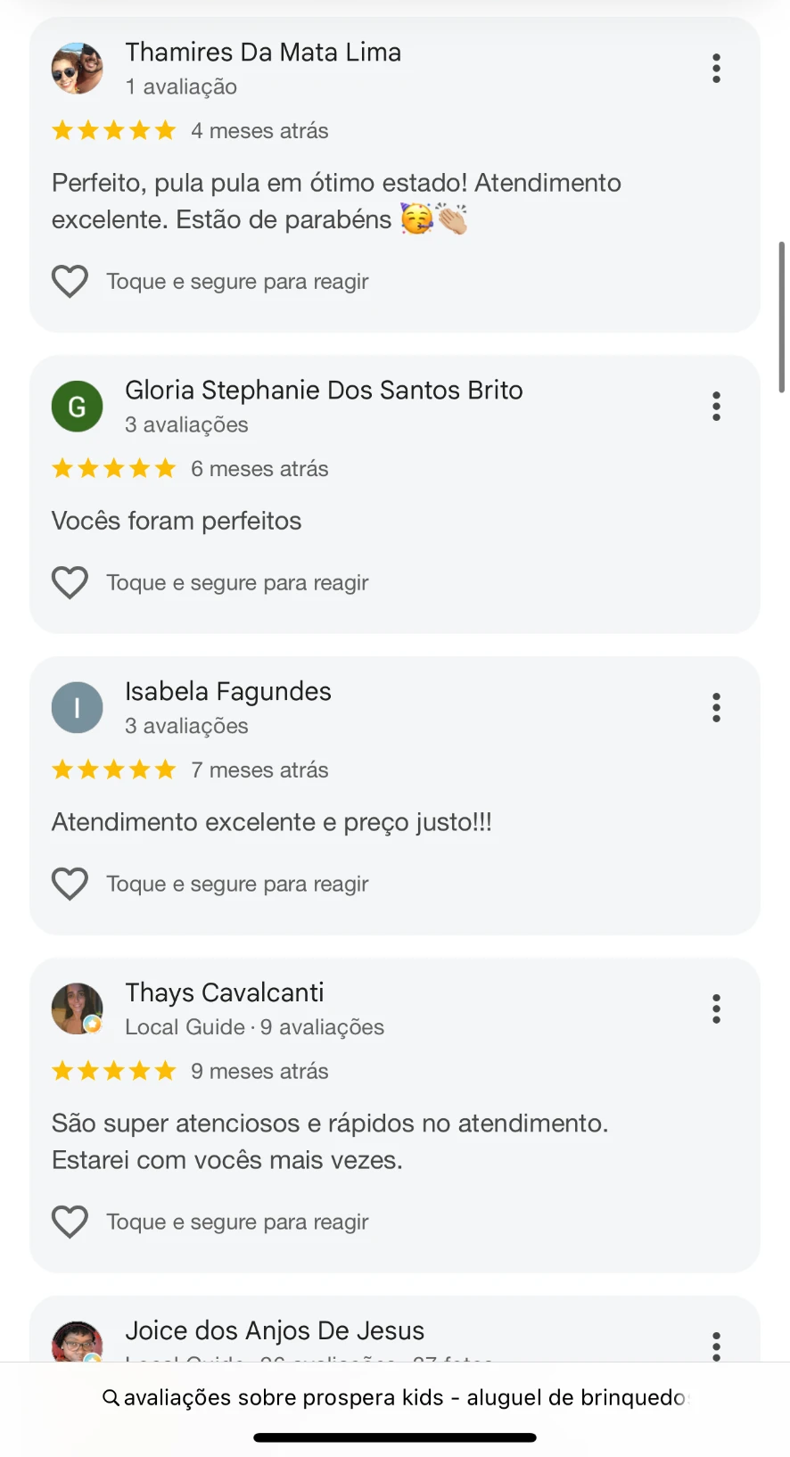 Avaliações reais de clientes da Próspera Kids com cinco estrelas