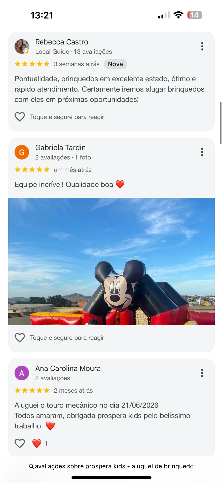 Avaliações reais destacando pontualidade, qualidade e equipe da Próspera Kids