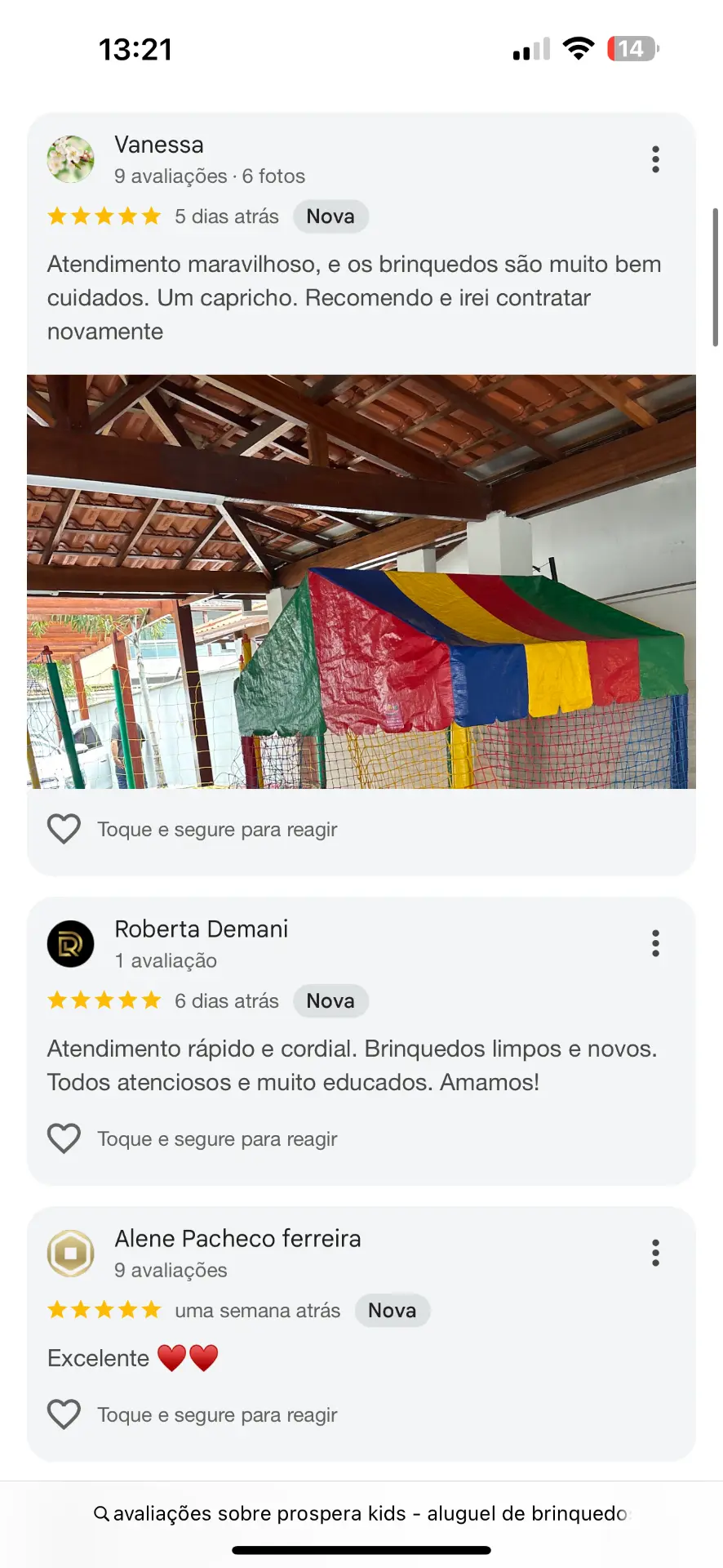 Avaliações recentes de clientes sobre atendimento e brinquedos da Próspera Kids