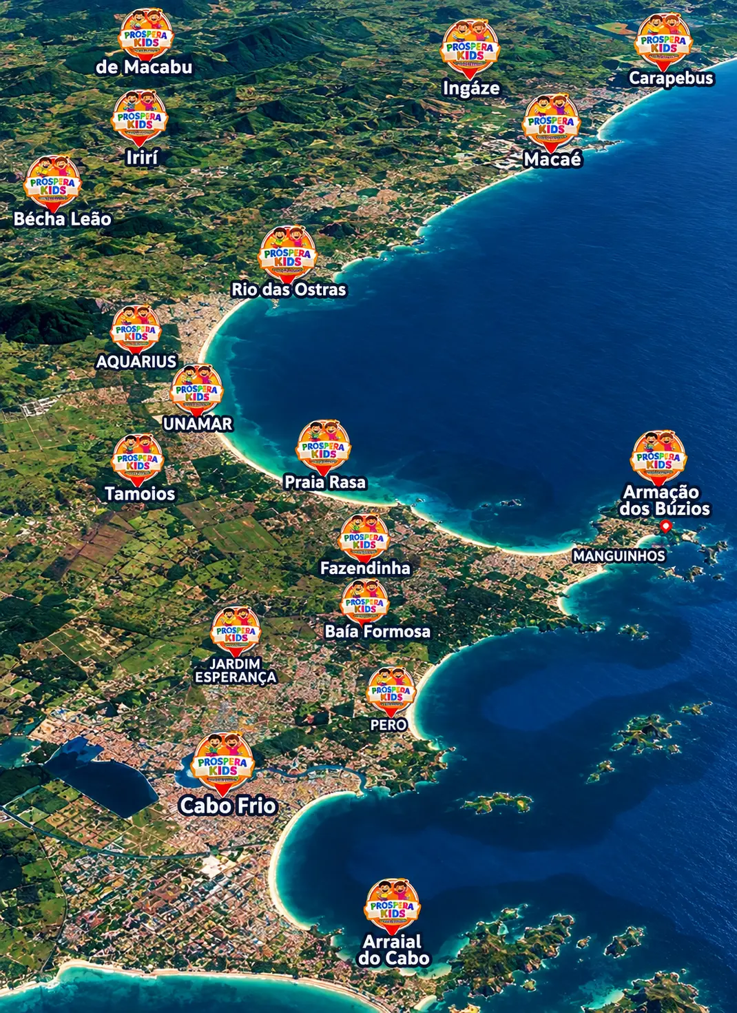 Mapa das localidades atendidas pela Próspera Kids na Região dos Lagos e arredores